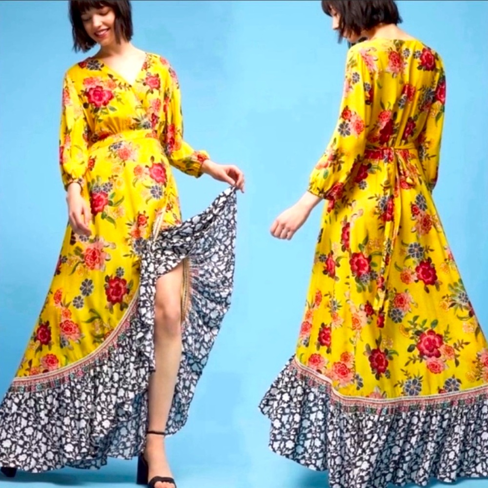FARM Rio. MAXI FLORAL DRESS.  ‎ Floral yellow/black. SZ S